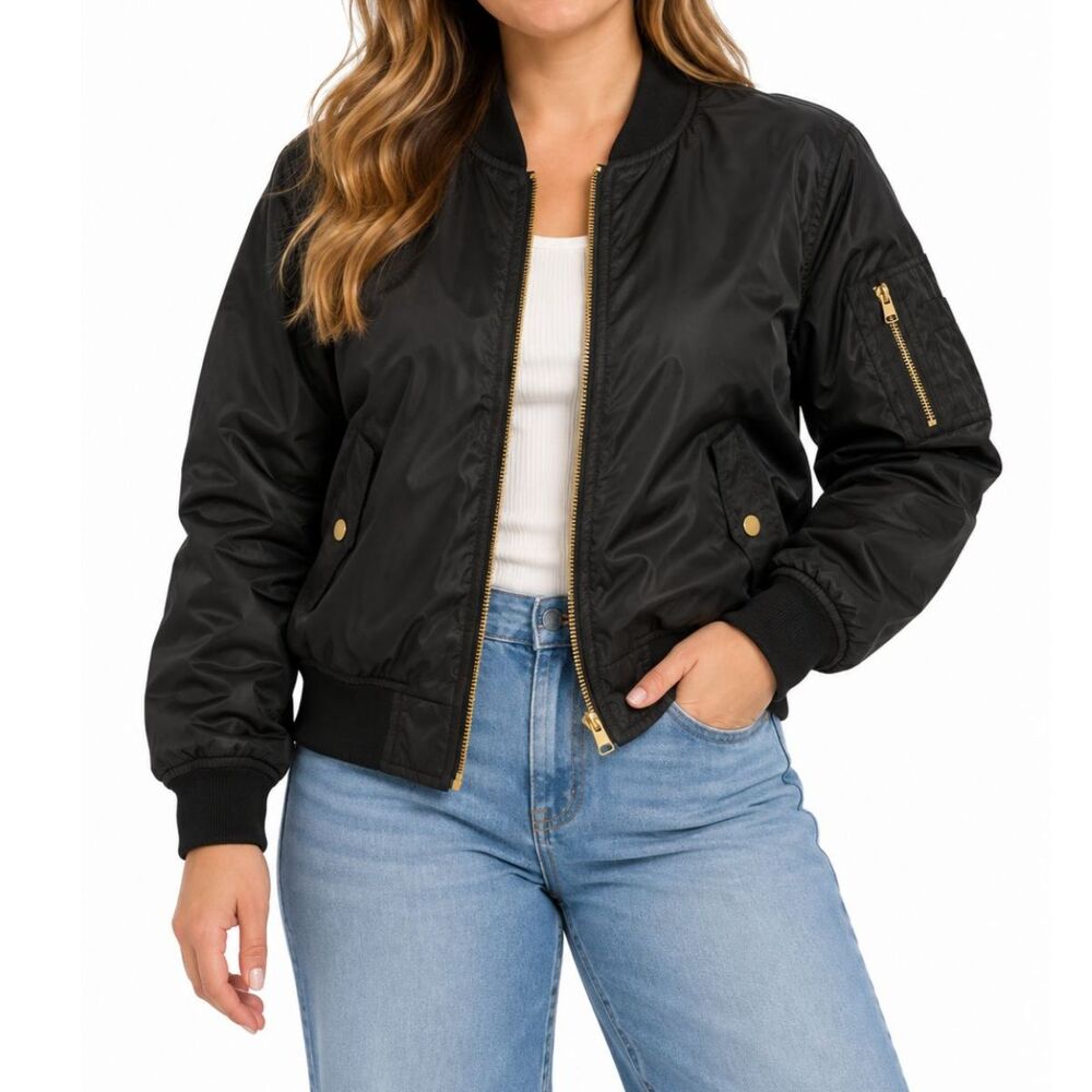 Wet Seal Women’s Black Bomber Jacket Gold Tone Hardware | Small